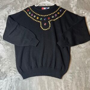 French Knit Black Virgin Wool Embellished Gem Sweater Vintage Missing Size L/XL